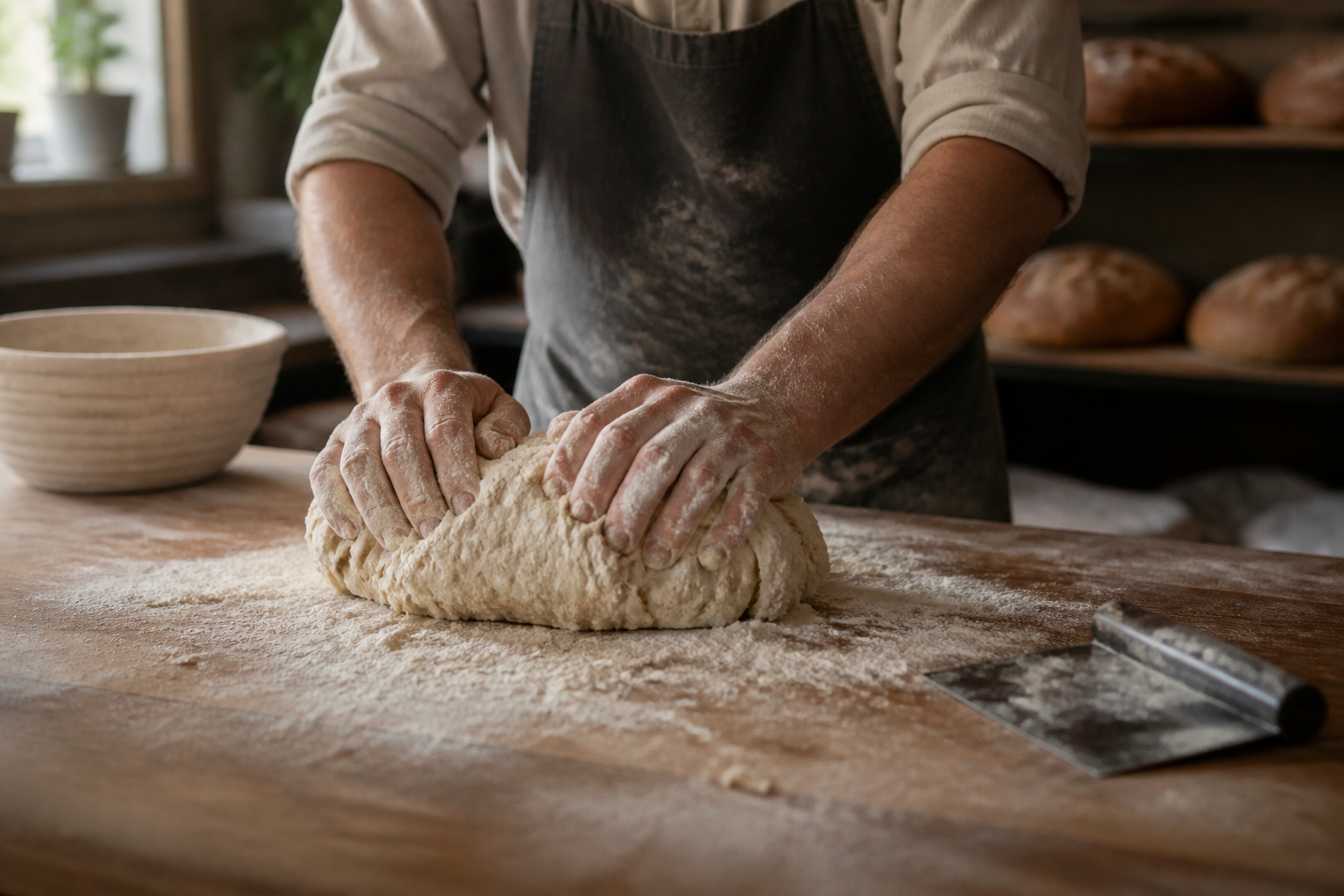 Baker at work at Morningsong Bakery